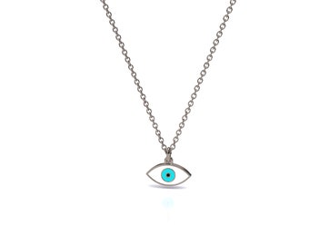 14K White Gold Evil Eye Necklace , Evil Eye Necklace 14K Solid Gold, Evil Eye Pendant, Evil Eye Necklace Charm, Greek Jewelry, Unique Gift