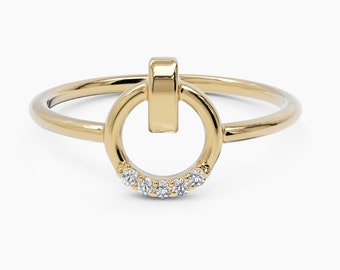 14k Circle Wedding Ring, Solid Gold Unique Ring, Dainty Circle Shaped Diamond Ring, Pave Diamond Stacking Ring, Handmade Ring