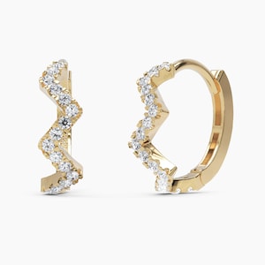 Diamond Hoop Huggie Earrings, Pave 14k Solid Gold Hoops, Zig Zag Diamond Earrings, Every Day Earrings, Minimalist Dainty Earrings