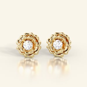 Clous d'oreilles petite rose fleur en or massif 14 carats - Jolies boucles d'oreilles rose fleur fleur - boucles d'oreilles vintage, romantiques, fleur