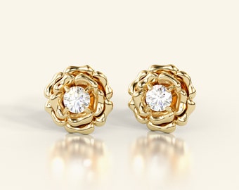 Diamond Flower Star Blossom Stud Earrings Single Gem