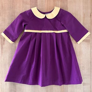 12-18mo Cotton dress for girls - 3/4 sleeve dress in royal purple with unique yellow details - toddler dress