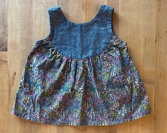 Size 6 Top for girls - handmade tank top - chambray floral sparkle shiny shirt- USED