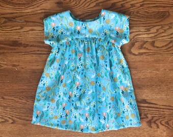 2T Floral dress for baby, toddler, and girls - Retro blue and orange cotton floral - Baby dress - Spring Summer Toddler Sundress