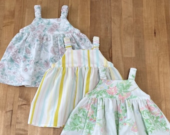 3-9mo vintage fabric baby dress with stretchy straps - infant size 3 months through 9 months