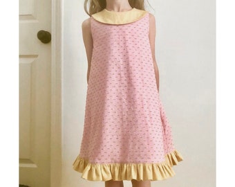 Sz 6 Swing dress for girls in textured fabric - retro A-line dress in flocked pink and yellow cotton - swingy trapeze dress - USED