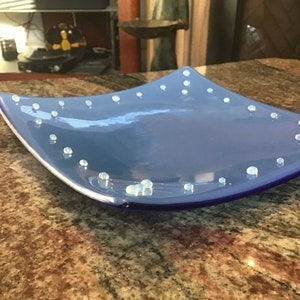 Blue Plate with Pearl Accents in Fused Glass