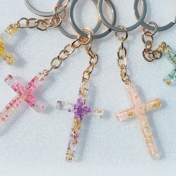 Dried Flower Resin Cross Keychain Etsy