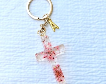 Resin Dried Flower Cross Keychain, Personalized Golden Initial, Christian Gift