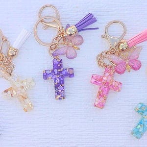 Resin Cross Keychain, Butterfly Charm, Christian Gift. Can be personalized adding an initial letter.