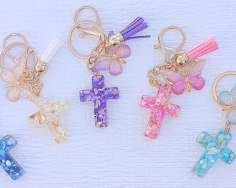 Resin Cross Keychain, Butterfly Charm, Christian Gift. Can be personalized adding an initial letter.