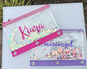 Personalized Confetti Pencil Pouch with 3-Ring Binder Holes, Creyons Pouch Bag, Kid gift.