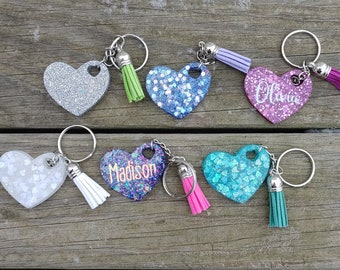 Heart Keychain, Personalized Resin/Glitter Heart, Custom Keychain, Glitter Heart Accessory, Small Gift, Kids backpack accessory
