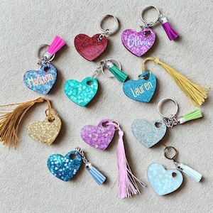 Personalized Glitter Resin Heart Keychain, Custom Backpack Accessory, Christmas Gift