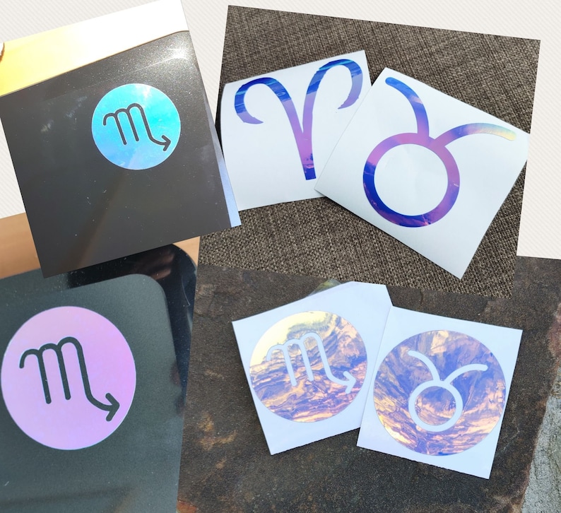 May include: A set of 10 holographic vinyl stickers featuring the zodiac signs: Aries, Taurus, Gemini, Cancer, Leo, Virgo, Libra, Scorpio, Sagittarius, and Capricorn. The stickers are iridescent and have a rainbow effect.