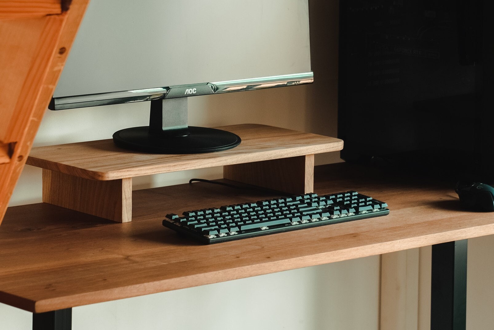 Oak Monitor Stand Solid Wood Desk Shelf Setup Organisation Wooden Stand 