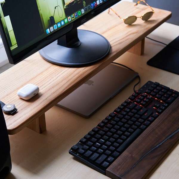 Eiche Monitor Ständer Massivholz Schreibtisch Regal handgefertigt aus Holz Organisation Büro Gaming Arbeitsplatz Riser