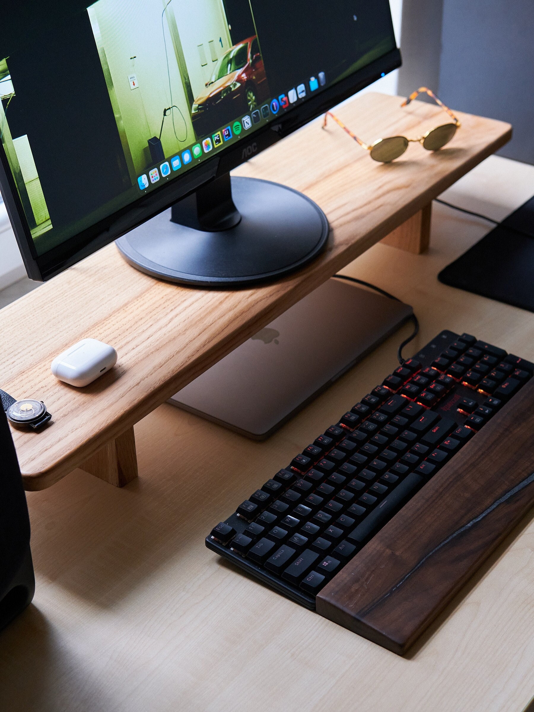 Novimango - Confezione da 2 supporti per monitor in legno con contenitore, supporto per computer portatile, organizer per scrivania, stampante, tavolo per PC, laptop, fax, monitor, nero