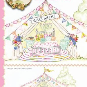 May include: A whimsical illustration of a tent interior, labeled "Girls Getaway #3 Girl's Week Tent." The tent features a bed, chandelier, and floral arrangements. The banner reads "GIRL'S WEEK!" in a playful font. The artwork is in soft pastel colors.