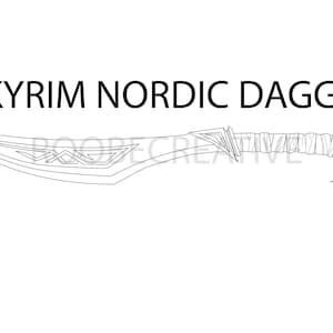 May include: A black and white line drawing of a Skyrim Nordic Dagger. The dagger has a curved blade with intricate details and a wrapped handle.