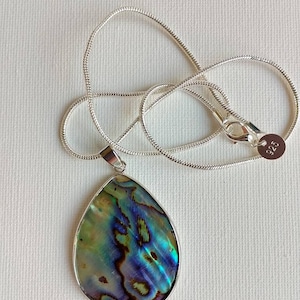 Puede incluir: Un collar de cadena de plata con un colgante de concha de abul&oacute;n en forma de l&aacute;grima. La concha tiene colores iridiscentes verdes, azules y morados.