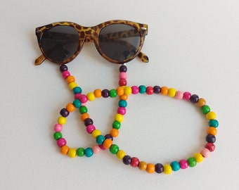 Beaded glasses chain, chunky glasses chain, vacation accessories, holiday essentials, wooden jewellery,  colourful glasses chain