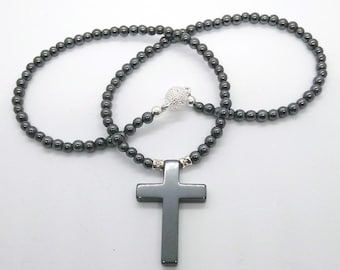 Collar con cierre magnético, collar con cruz, cruz de clérigo, regalo de bautismo, regalo de confirmación, collar con cruz de hematita, joyería cristiana