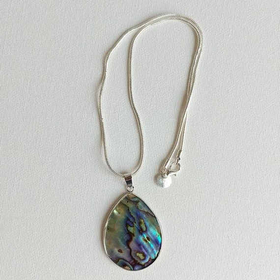 Abalone Necklace: Teardrop Paua Shell Pendant, Stainless Steel Chain