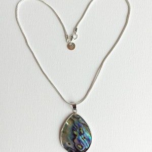 Puede incluir: Un collar de cadena de plata con un colgante de concha de abul&oacute;n en forma de l&aacute;grima. La concha tiene colores iridiscentes azules, verdes y morados.