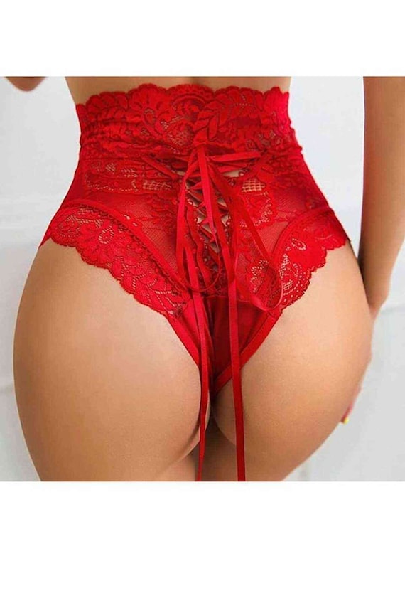 Lulu's Fancy Red Lace High Waist Thong,sexy Lace-up Detail