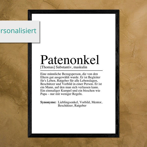 PATENONKEL Definition Poster Bild DIN A4 A5 oder Digital - Geschenk - Baby - Verkündung - Schwangerschaft - Pate - Taufpate - Gette