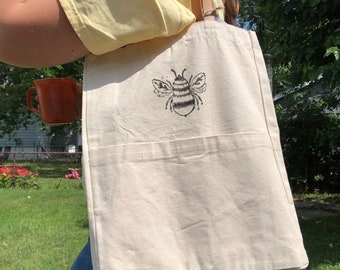 Bumble Bee Hand Stamped Linocut Printed Canvas Reusable Tote