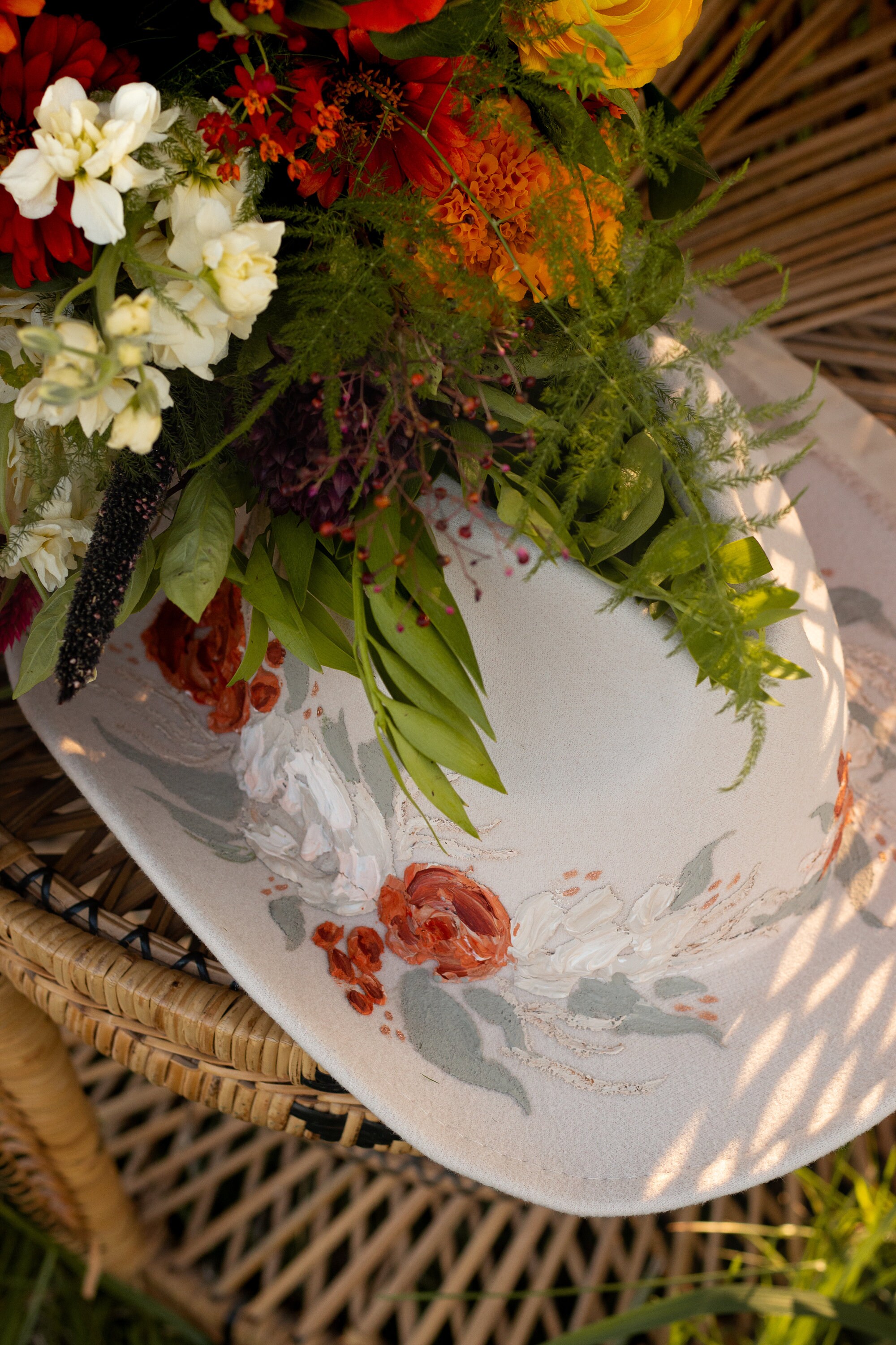 Hand Crafted Painted Floral Cowboy Hat - Cream, Red, Yellow, Green Hand-painted Yellow Cowgirl Hat – Floral Suede Western  main image 3
