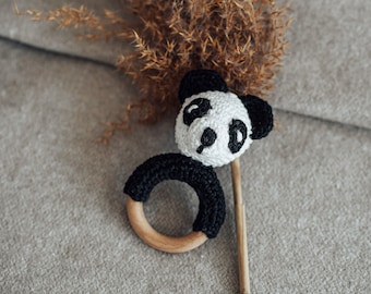 Rattle Panda Bear l Wooden Gripper l Wooden Toy l Crocheted Panda Bear l Gift for Birth, Baby and Toddler