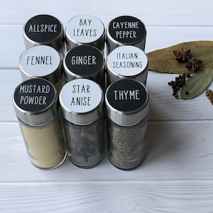 Customised glass Spice jars with Waterproof vinyl labels - Herbs - Kitchen Organisation