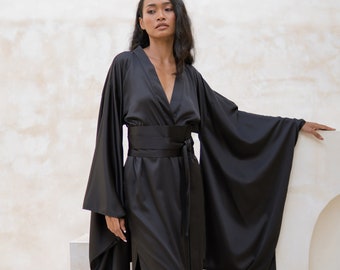 Robe de chambre longue en satin de soie, robe de chambre en soie, robe kimono en soie, robes de demoiselle d'honneur en soie pour femme, robe de chambre en satin grande taille, maxi vêtements de nuit noirs