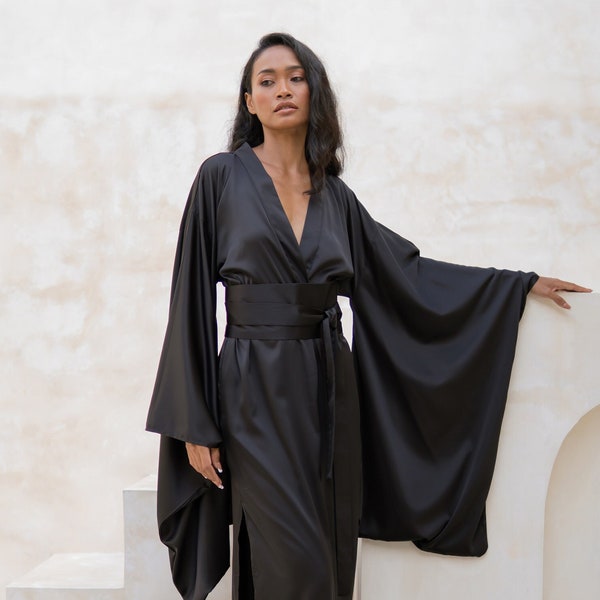 Lange Satin-Robe aus Seide, Morgenmantel aus Seide, Kimono-Robe aus Seide, Brautjungfern-Robe aus Seide für Frauen, Satin-Robe in Übergröße, schwarze Maxi-Nachtwäsche