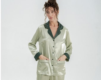 Zijden pyjama voor dames, zijden pyjama dames, satijnen pyjama, zijden pyjamaset, gepersonaliseerde satijnen pyjama, bruidsmeisjespyjama pyjama met lange knoopsluiting