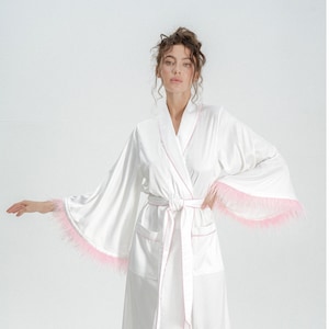 Long Bridal Robe, Bridal Dressing Gown, Bride Robe, Ivory White Robe, Personalised Robe, Feather Robe, Bridesmaid Robe, Getting Ready Robe