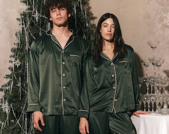 Passender Weihnachtsschlafanzug, Weihnachtsschlafanzug, Familienschlafanzug, Paarschlafanzug, Urlaubsschlafanzug, XMAS-Schlafanzug, Herren-Pyjama-Set, Seiden-Satin lang