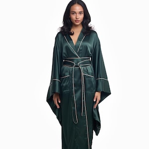 100% Silk Robe, Pure Silk Dressing Gown, Kimono Robe, Kimono Dressing Gown, Japanese Kimono for Women, Long Wide Sleeve Floor Length Green
