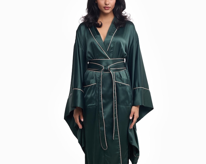 100% Silk Robe, Pure Silk Dressing Gown, Kimono Robe, Kimono Dressing Gown, Japanese Kimono for Women, Long Wide Sleeve Floor Length Green