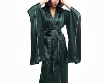 Peignoir kimono 100 % soie, Robe de chambre en pure soie, Robe de chambre en soie, Robe de chambre kimono, Kimono japonais pour femme, Manches longues et larges Longueur ras du sol Vert