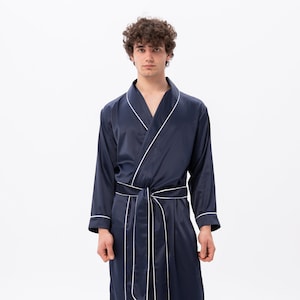 Custom Men's Dressing Gown, Gift for Him, Personalised Men's Robe, Silk Dressing Gown, Satin Robe, Mens Lightweight Robe, Long Designer Navy