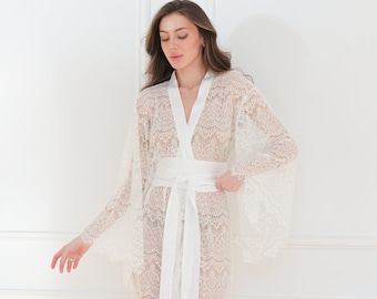 Long Bridal Robe for Bride, Lingerie See Through Robe for Wedding, Satin Sheer Robe Lace Silk Dressing Gown Silk Kimono Women Nightwear