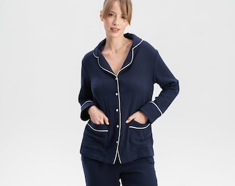 Damen Pyjama, Musselin Pyjama, Baumwoll Pyjama Set, Langarm PJs Button Up Pyjama Loungewear Marine Blau Faltig Damen Damen Nachtwäsche