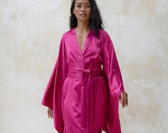 Long Silk Robe Satin Silk Kimono Robe, Silk Dressing Gown, Bridesmaid Silk Robes for Women, Plus Size Satin Robe Maxi Pink Fuchsia Nightwear