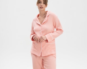 Damen-Pyjama, Musselin-Pyjama, Baumwoll-Pyjama-Set, Pyjama mit Knopfleiste und langen Ärmeln, Loungewear, pfirsichrosa, faltige Damen-Nachtwäsche für Damen