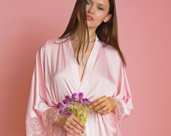 Silk Robe, Bridal Robe, Pink Bridal Dressing Gown Bridesmaid Robes Lace Short Robe Wedding Robe Satin Robe Getting Ready Kimono Robe