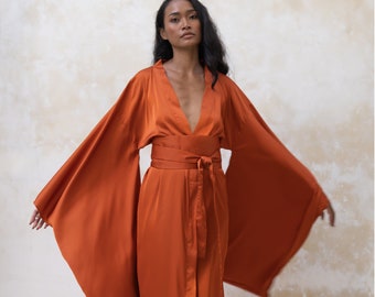 Silk Kimono Robe, Silk Dressing Gown Satin Long Silk Robe, Bridesmaid Silk Robes for Women, Plus Size Satin Robe Maxi Burnt Orange Nightwear